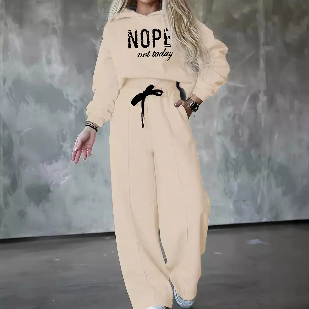 Setelan Olahraga Wanita Hoodie Sablon Huruf Warna Solid Lengan Panjang Celana Kulot Pakaian Musim Gugur Musim Dingin Wanita