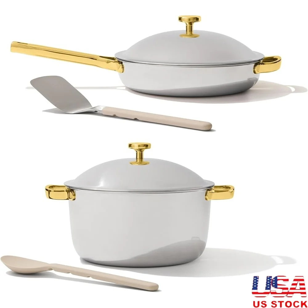 

Titanium Cookware Set Always Pan Perfect Pot Nonstick Tri-Ply Durable Heat Resistant Dishwasher Safe Metal Utensil Compatible