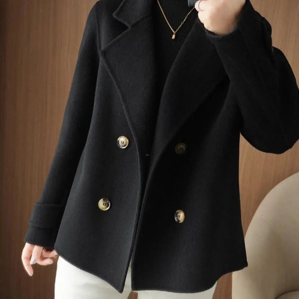 Fall Winter Women Woolen Coat Double-breasted Lapel Long Sleeve Loose Thickened Warm Formal Business Style OL Commute Jacket