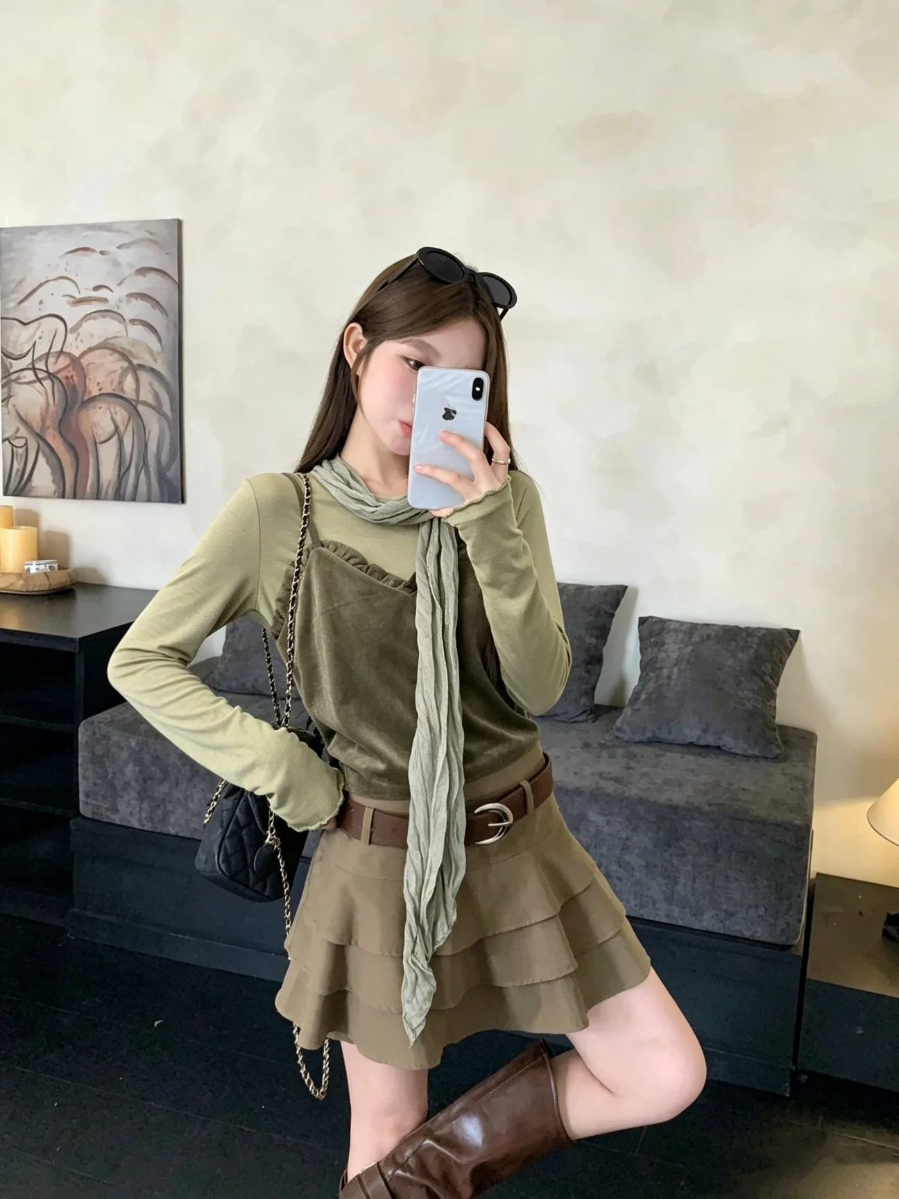 Green Floral Lace Halter Neck Long Sleeve Top Women's Early Autumn Fashionable T-Shirt with Scarf Tie-Dye Casual Universal Fit