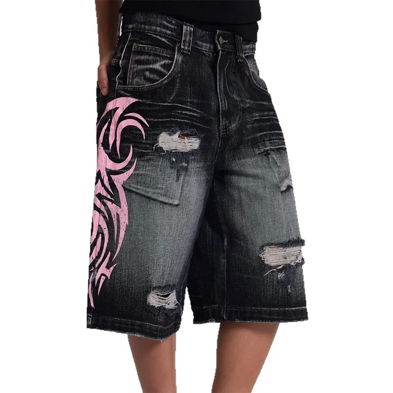 MWJLPWQ American Retro Pattern Printed Washed Denim Jeans Male High Street Oversized Spring Autumn Trendy Wide-Leg Pants 16517