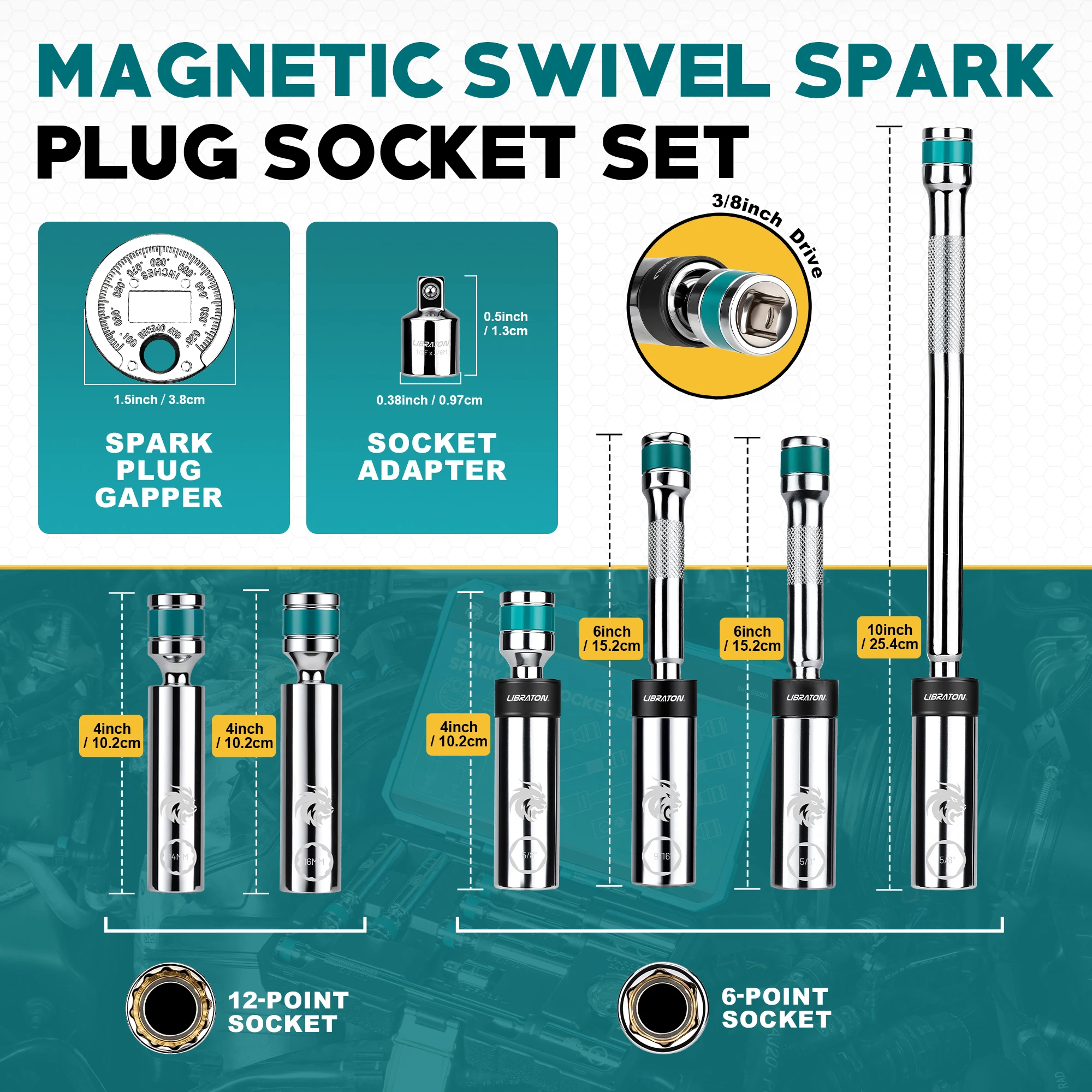 LIBRATON 8pcs Magnetic Swivel Spark Plug Socket Set with Gap Tool & Extension Bar 3/8