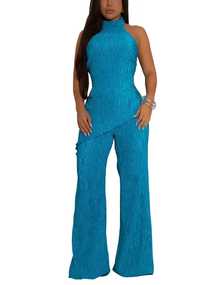 

Women's Casual Solid Color Halter Sleeveless Tank Top and High Waist Wide Leg Pants 2pcs Set