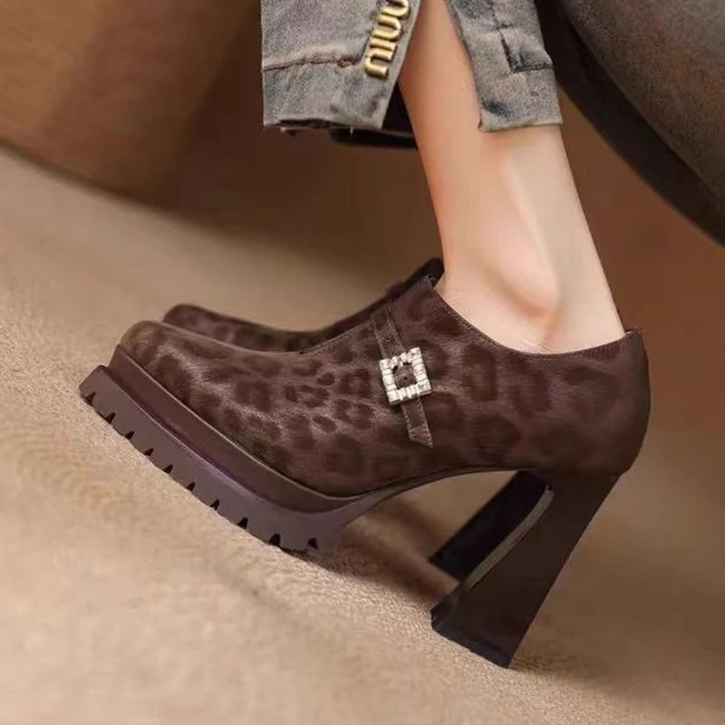 

Crystal Leopard Women High Heels Shoes Sexy Pointed Toe Chunky Shoes 2026 Autumn Luxury Brand Dress Pumps Fashion Mujer Zapatos