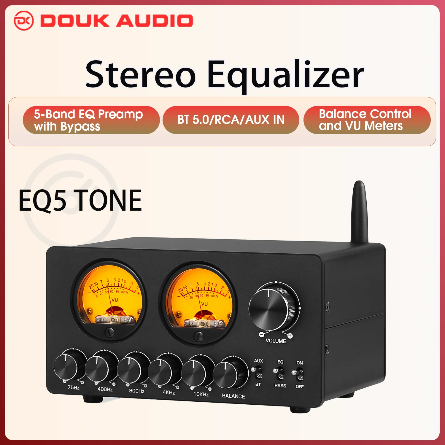 Douk Audio EQ5 TONE Mini equalizzatore EQ a 5 bande con ricevitore Bluetooth Preamplificatore bypass audio stereo AUX da 3,5 mm con misuratore VU