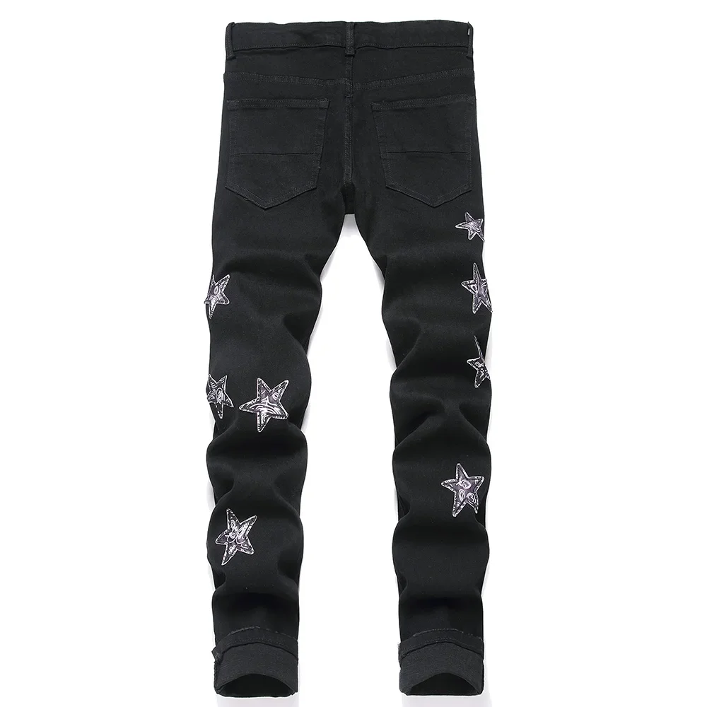 

Men Stars Patches Stretch Denim Jeans Streetwear Holes Ripped Black Pants Bandana Print Slim Tapered Trousers