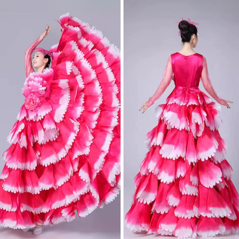 Damen Spanisches Flamenco Stierkampf-Kleid, Eröffnungstanz, Großer Schwung, Blütenblatt-Design, Klassische Kleider, Bühnentänzerin, Performance-Rock, Kostüm – Detail 3