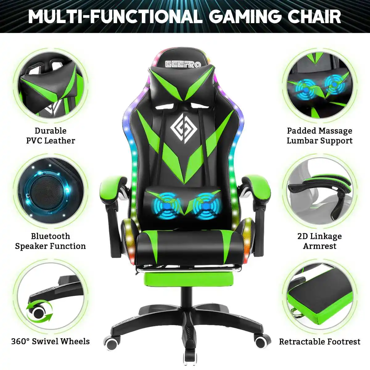 Hoffree Gaming Chair RGB Light Office Chair Bluetooth Speaker Gamer Computer Chair Ergonomic Swivel 2 Point Massage Recliner