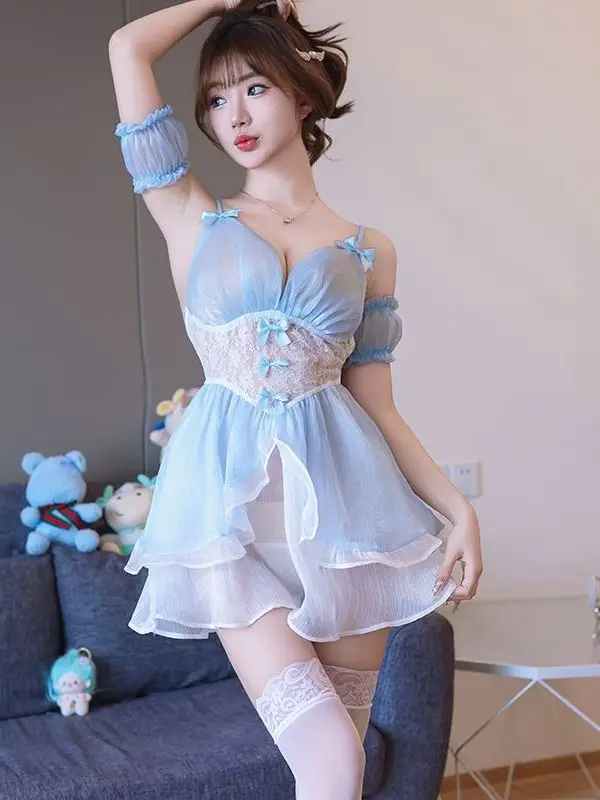 Sexy Suspender Deep V-shaped Waist Transparent Pearl Light Soft Gauze Bow Cute Maid Uniform Splicing Bilayer Fluffy Dress C178