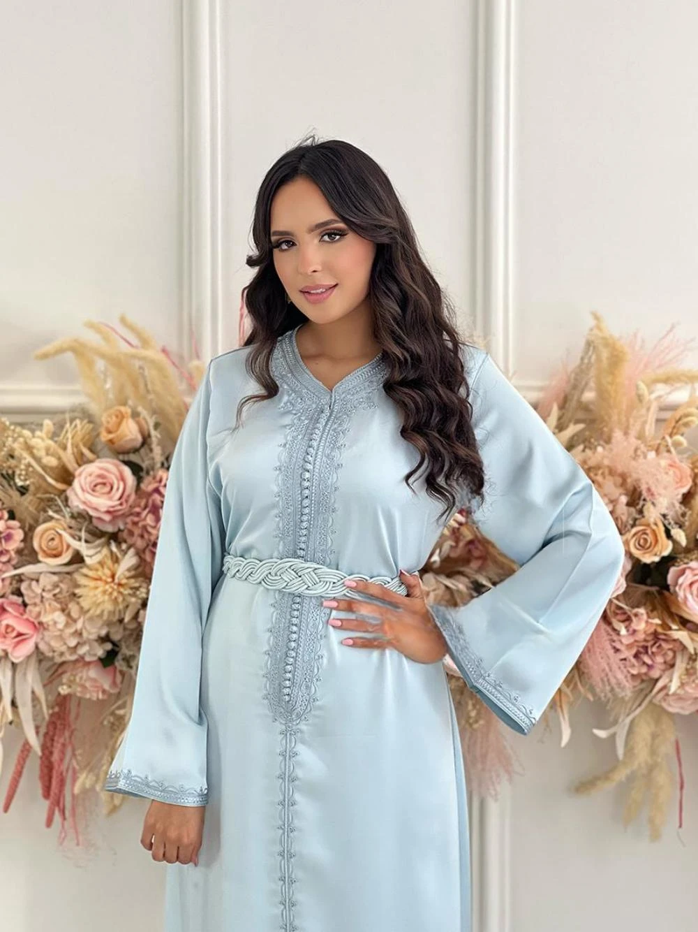 Elegant Appliques Prom Dress Muslim Long Sleeve Cocktail Gown Blue Satin Moroccan Caftan Evening Dress Customized Robe De Mariée