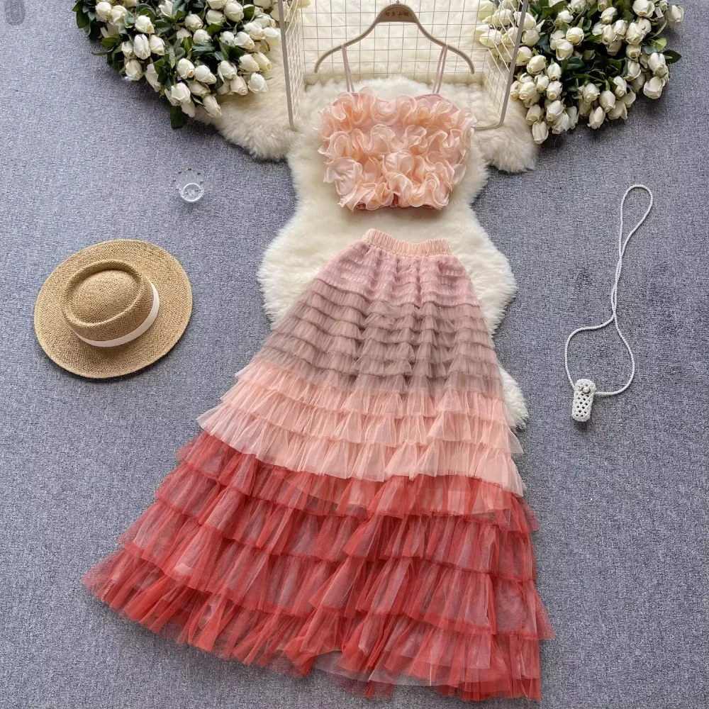 High-end Socialite Suit Female Three-dimensional Flower Net Gauze Camisole Vest Fairy Net Gauze Half-length Skirt Two-piece Set