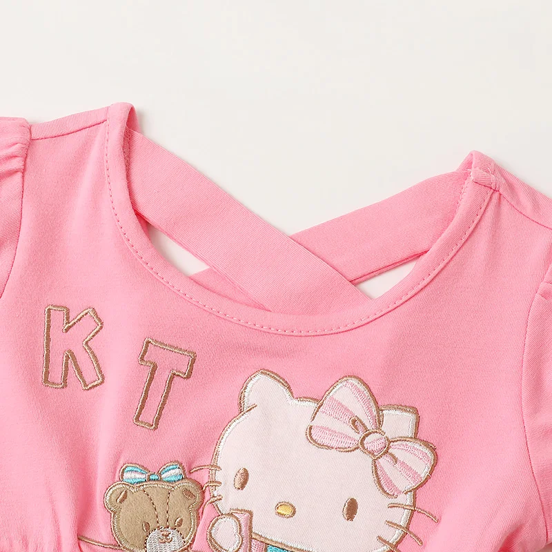 Kawaii Sanrios Hellokittys Summer Anime Baby Clothing Girls Mesh Princess Puff Sleeve Dress Kids Cotton Comfortable Tutu Skirt