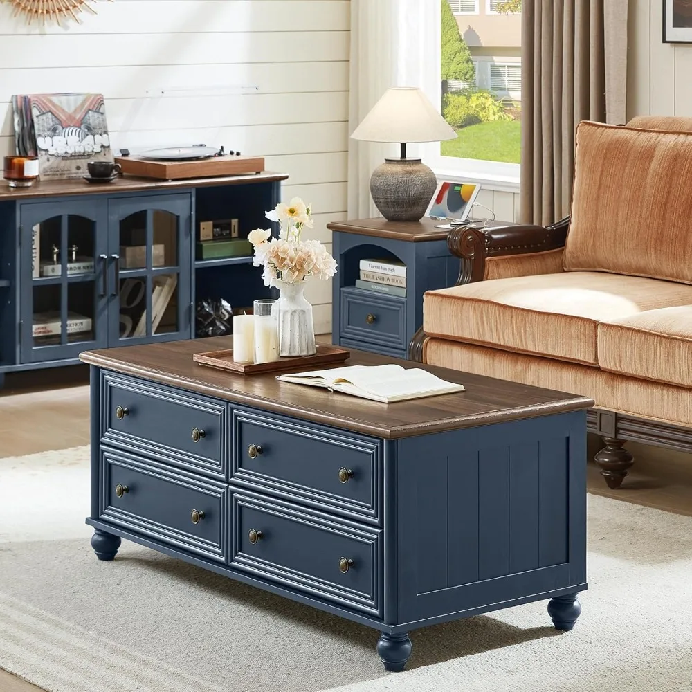 Table basse rectangulaire rustique avec 4 tiroirs et poignées colonne romaine