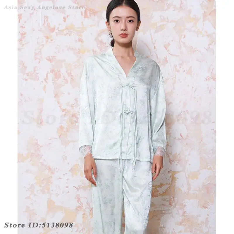 Sexy Lace Edge Pajamas Set New Chinese Style Printed Sleepwear V-Neck Long Sleeved Trouser Suits Nightwear Silky Satin Home Wear
