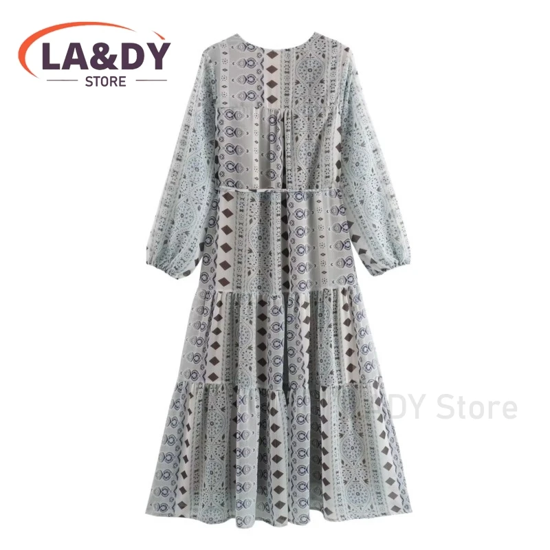 Dress 2024 Spring Summer Woman Fashion V-Neck Bohemian Style Printing Female Casual Long Sleeves Elegance Belt Dresses