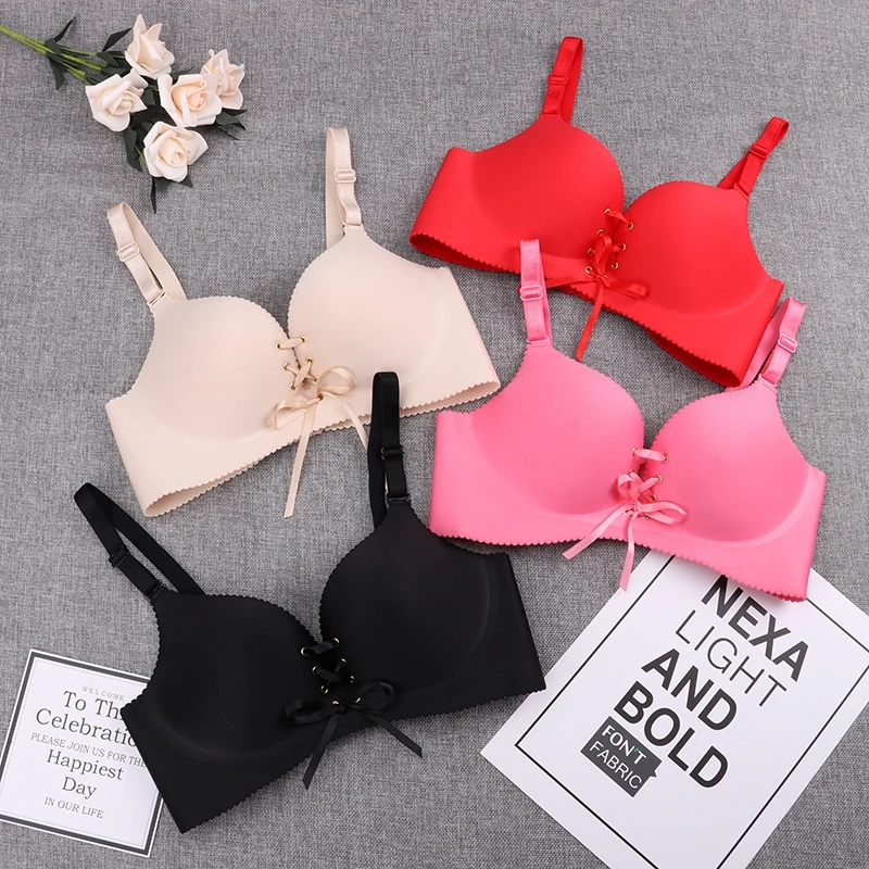 

Women Push Up Bra Sexy Wire Free Lingerie Seamless Brassiere Intimates Underwear Female Deep V Bowknot Bralette Bra