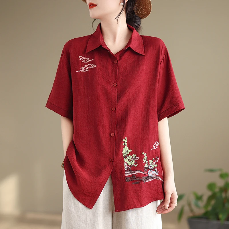 Summer New Heavy Embroidery ort Sve Loose Slimming Fat MM Belly Covering up Top Turn-down Collar Open Cardigan ort Sve