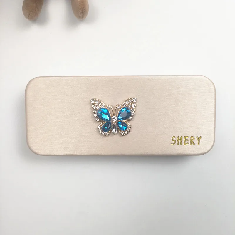 مجموعة مع الماس نمط الفراشة النساء الصلب الجلود المحمولة الصلب نظارات القراءة صندوق نظارات حالة النظارات حالات فتاة هدية