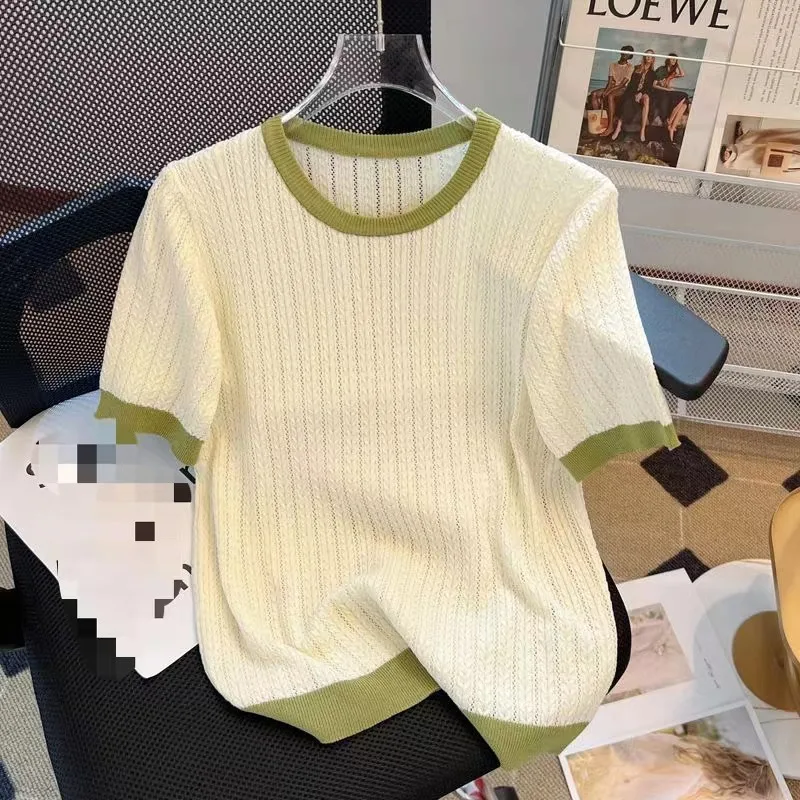 เสื้อยืดถักไหมพรมบางเบา สไตล์ลำลอง ดีไซน์สีตัดกัน ลายฉลุ สำหรับผู้ชายและผู้หญิง ทรงหลวม คอกลม