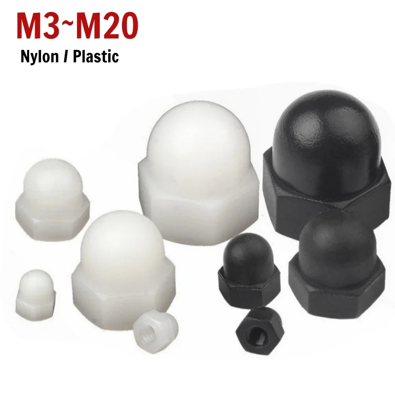 Nylon-Hutmuttern M3 M4 M5 M6 M8 M10 M12 M14 M16 M18 M20 Schwarz Weiß Kunststoff Sechskant-Kuppelmutter Kunststoff-Dekorationsmuttern