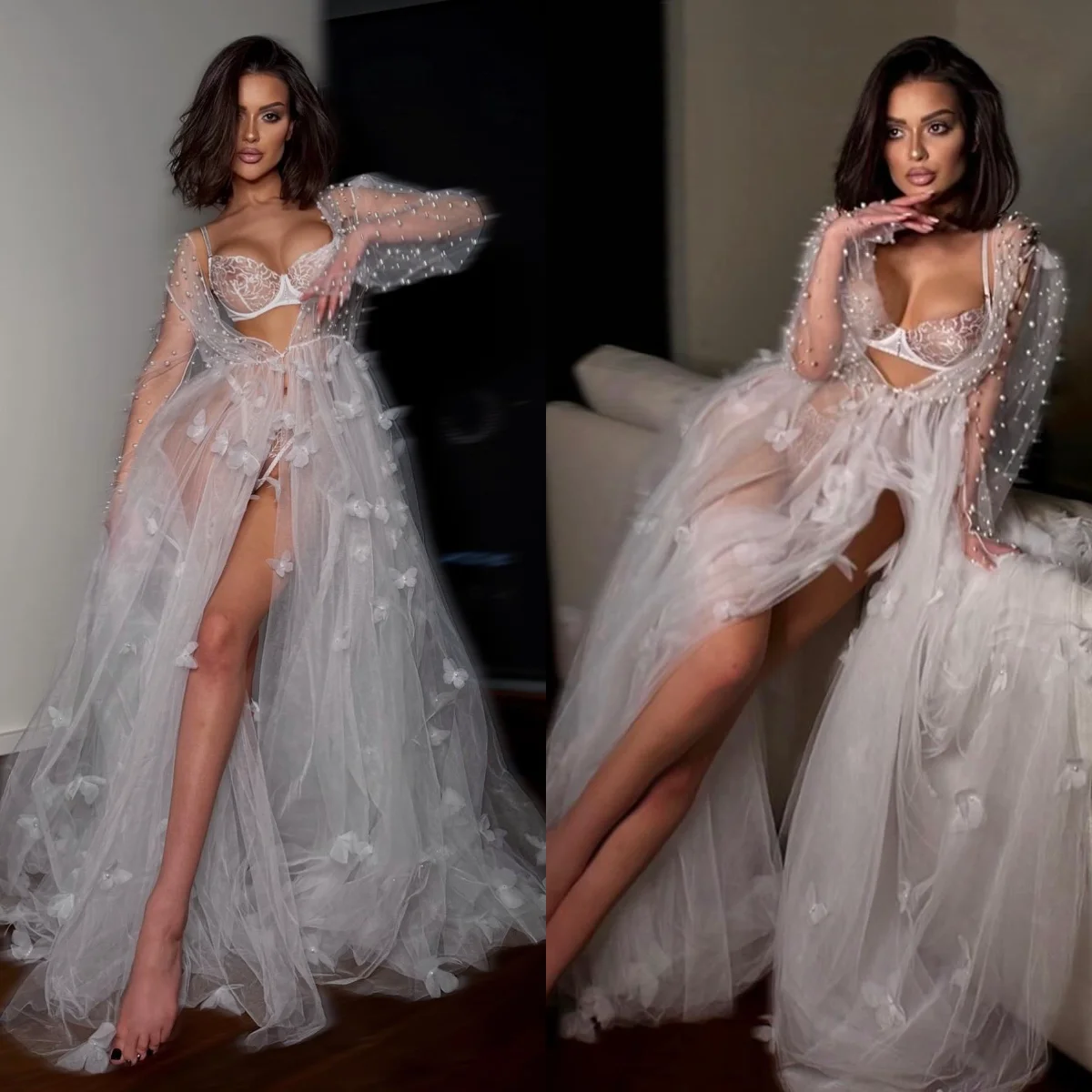 

Pearls Butterfly Wedding Robe Customized Tulle Bridal Robes Long Sleeve Lingerie Women Gowns Boudoir Bathrobe