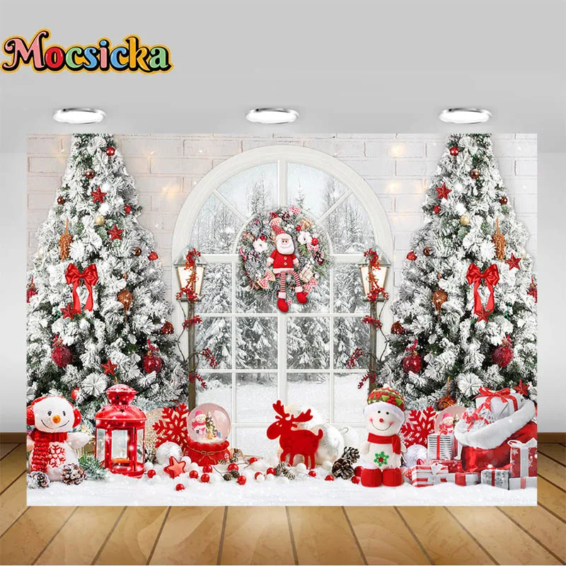 Mocsicka Photography Background Indoor Christmas Window Xmas Tree Snowman Toys Kids Family Photo Decoration Backdrop Photobooth