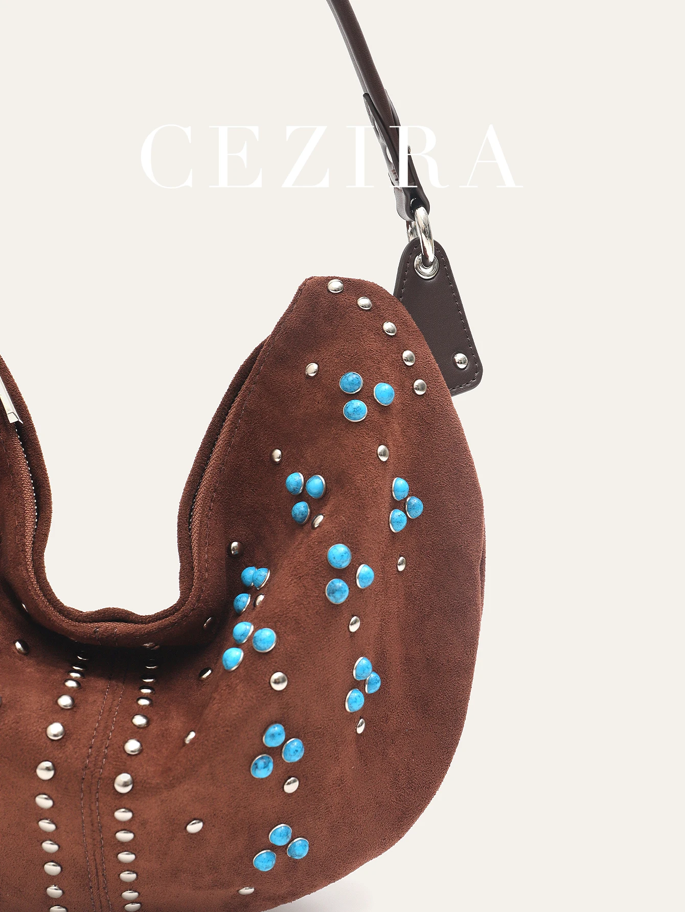 CEZIRA Women's Bohemia Retro Tribal Style Faux Suede Hobo PU Leather Patchwork Beads Decor Half-moon Cross body Shoulder Bag