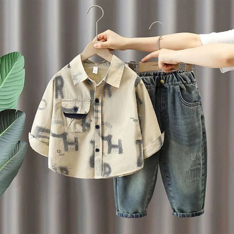 2-7 Years Spring Autumn Boys Clothing Set Kids Fashion Letter Print Lapel Shirt + Denim Pants 2Pcs Suit Children Casual Outfits
