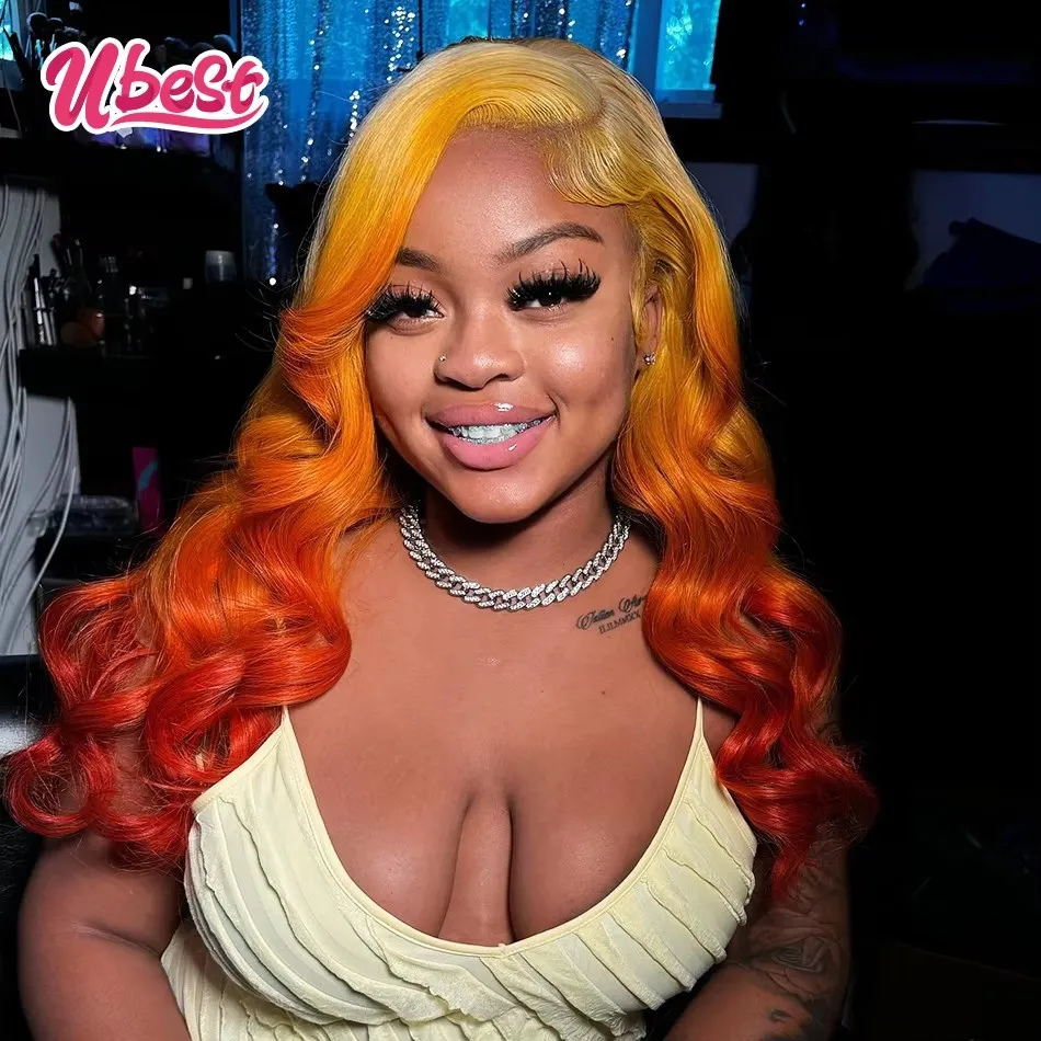 

Ubest Ombre 613 Orange Red Colored Body Wave 13x6 Lace Front Wigs Brazilian 10A Human Hair Transparent Wig Pre Plucked For Women