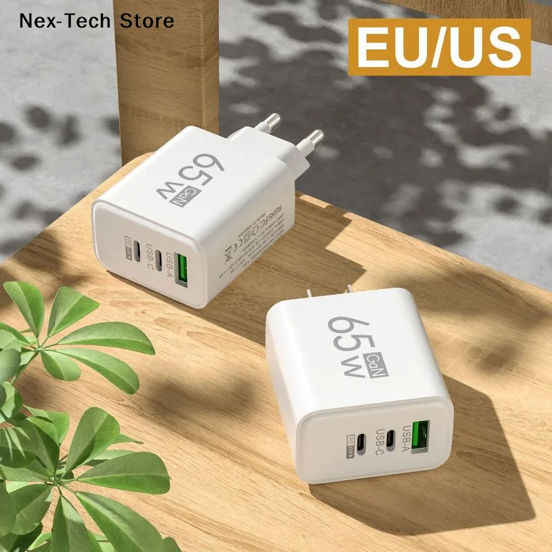 [NT]1Pcs 65W GaN USB Charger 3 Ports PD Type C Fast Charging EU/US/KR Plug Travel Wall Adapter Quick Charge USB C Charger Power