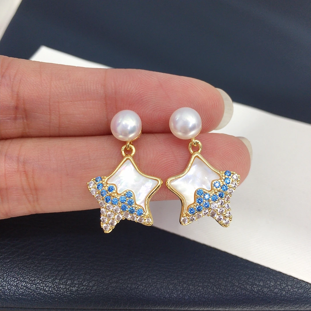 ZHBORUINI  Natural Freshwater Pearl Pendant Earrings Cute Style Natural Sea Shell Star Micro Inlaid Zircon Pearl Set