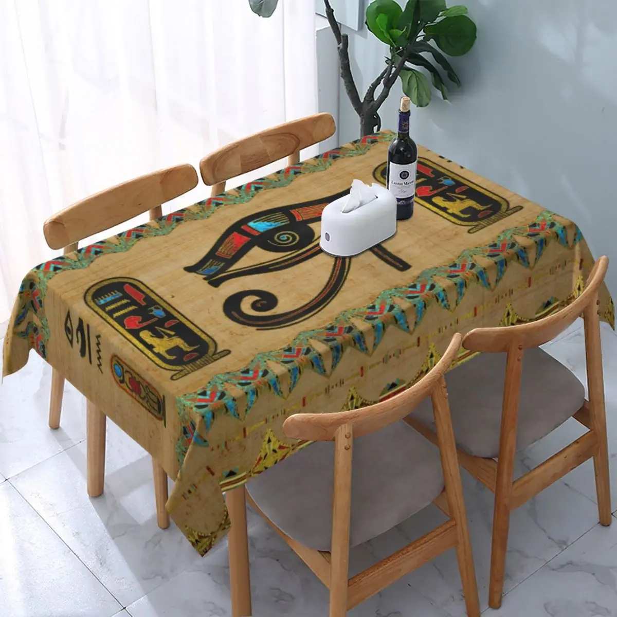 Egyptian Eye Of Horus Tablecloth Rectangular Elastic Fitted Waterproof Ancient Egypt Table Cover Cloth for Banquet