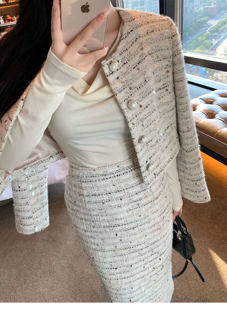 French Temperament Round Neck Long-sleeved Jacket Commuter Style Tweed Skirt Women Short Jacket Hip Skirt Autumn Winter 2024 New