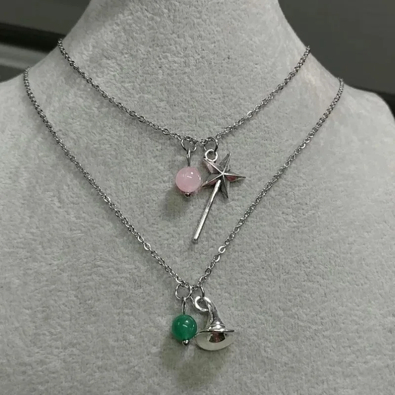 Wicked Necklace Glinda Rose Quartz Wand Necklace Elphaba Aventurine Hat Necklace Natural Gemstone Crystal Charm Necklace