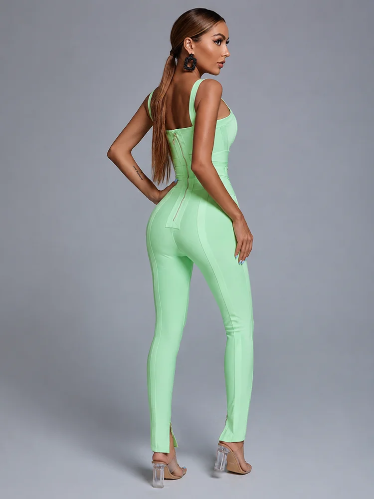 VC Mint Green Bandage Jumpsuit Sleeveless Sweetheart Neck Bodycon One Piece Romper High Waist Waist Slim Fit Stretch Long Pants view 2