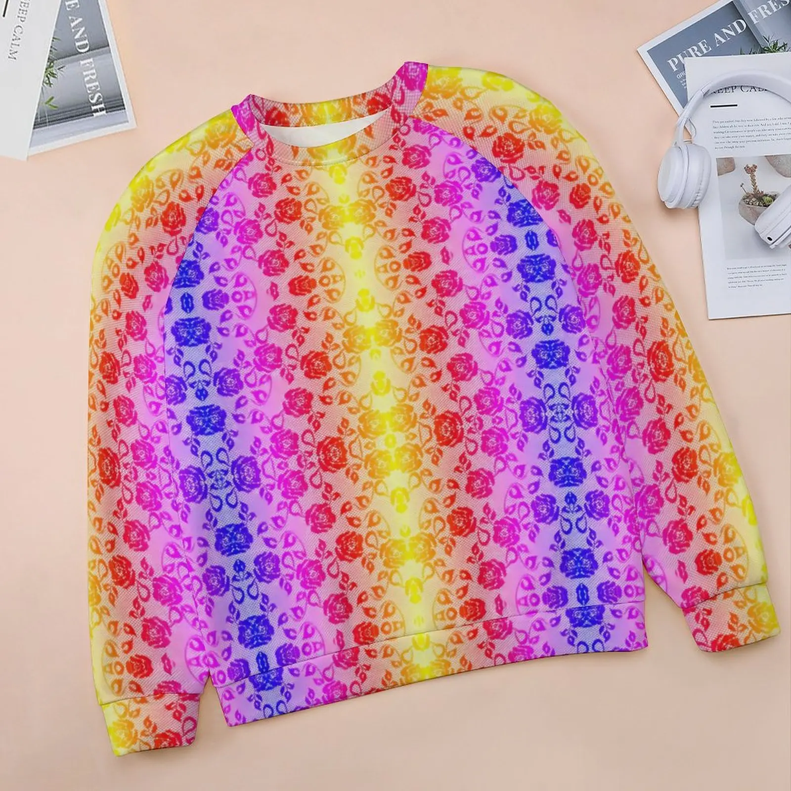 Faux Roses Hoodies Female Long Sleeve Lace Fishnet Colorful Casual Hoodie Hot Sale Streetwear Oversized Graphic Sweatshirts