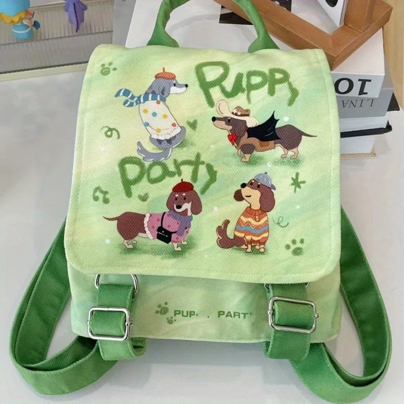 "Trendy Trek" Cute Puppy Party Canvas Backpack, Versatile With Adjustable Straps For Daily Commute And Travel Cute Mini Backpack