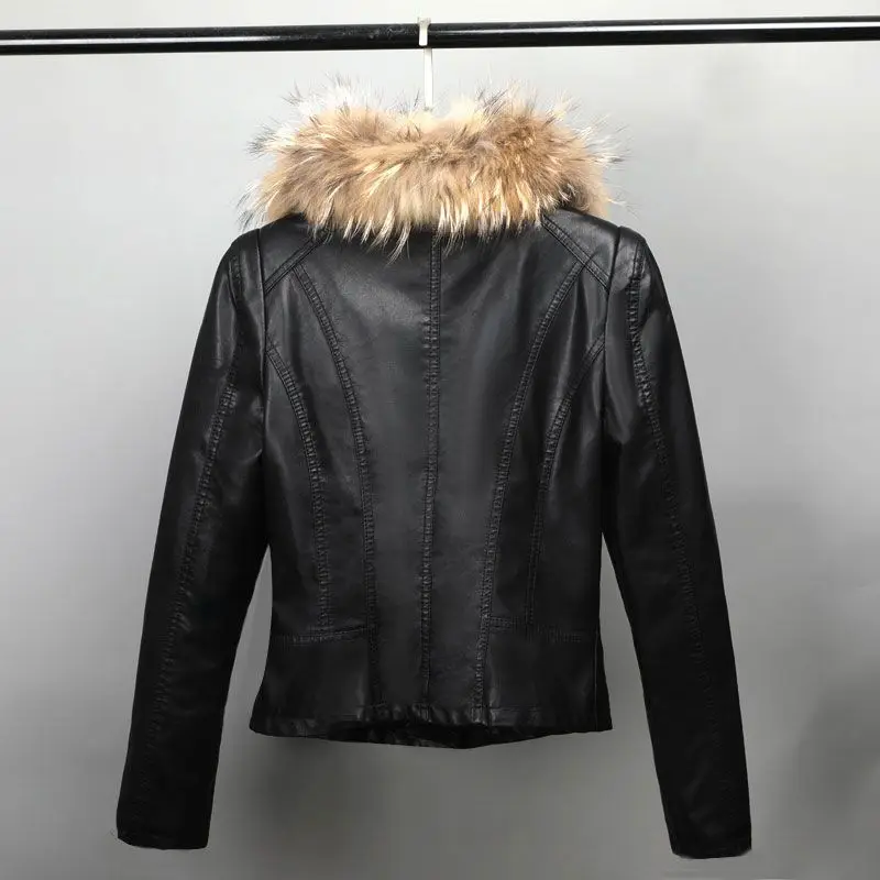 Veste en cuir de loisirs simple pour femme, manteau à col en fourrure de raton laveur, plus coton, optique courte, manteau fin lavé, automne, hiver, nouveau, 2023