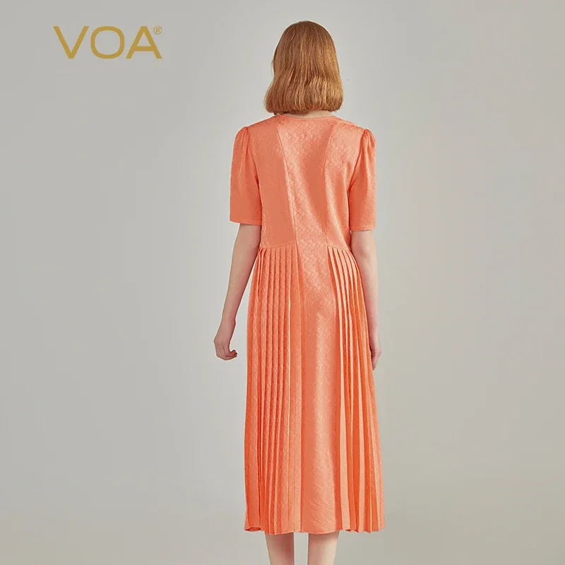VOA シルクジャカード 22 匁オレンジ V ネックバブル半袖ドレス女性オルガンプリーツシンプルな甘いエレガントなサマードレス AE2137