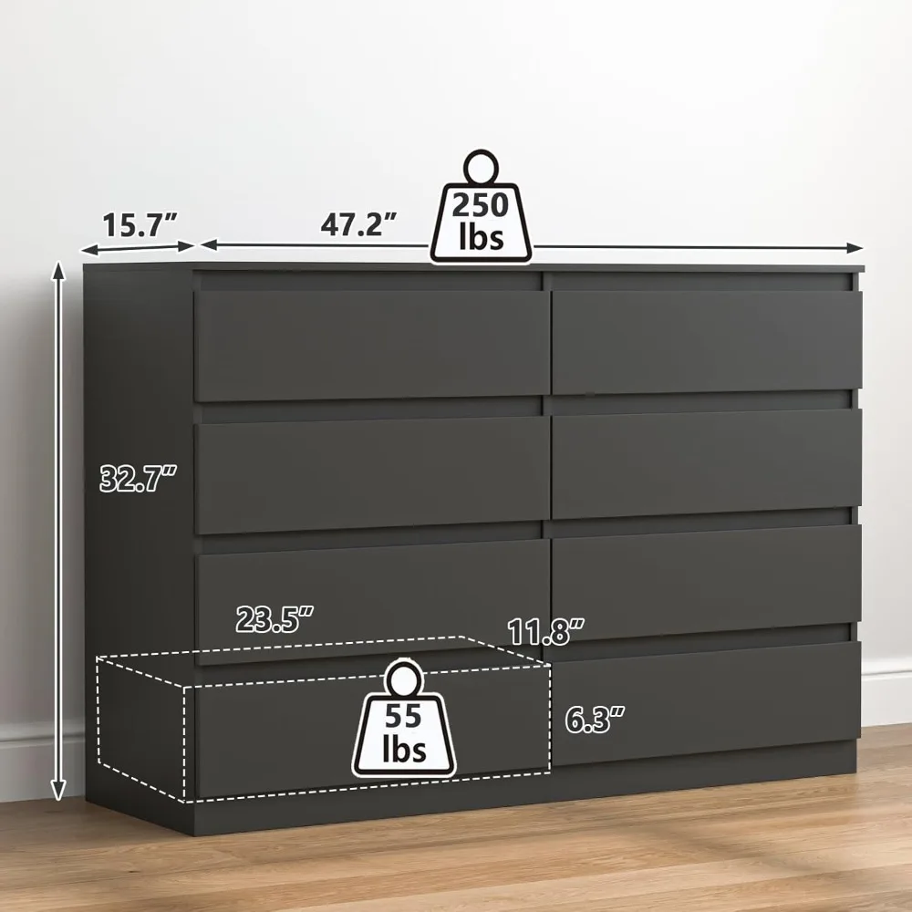 Vibe & Dine Cômoda dupla com 8 gavetas, cômoda moderna de madeira com amplo armazenamento para armário, quarto, sala de estar, preta