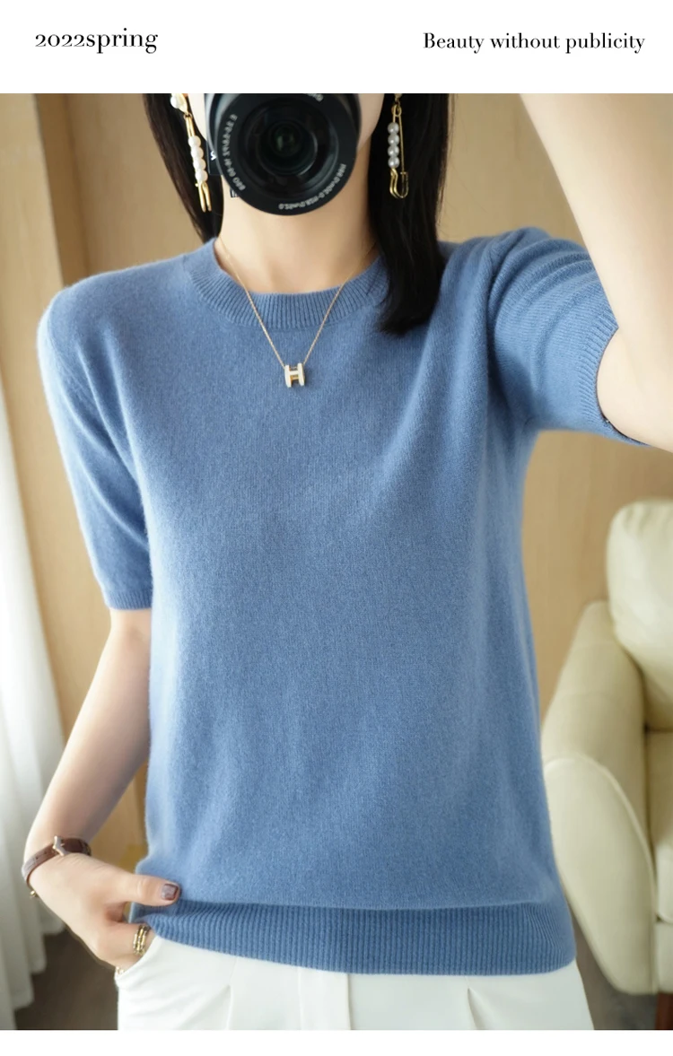 Spring 2022 New Women's O-Neck Short-Sleeved Exquisite Cashmere Sweater Pullover