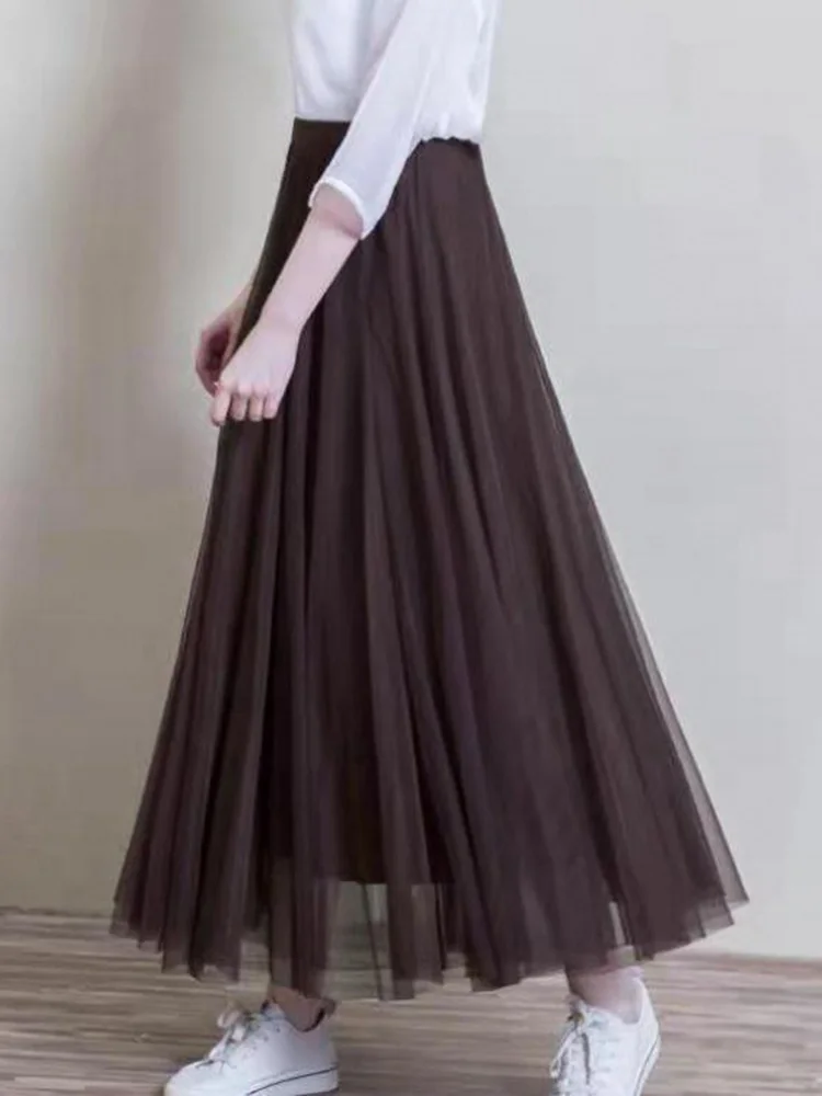 Mesh New Summer A-line Long Skirt Women High Waist Elegant Ladies Pleated Streetwear Elastic