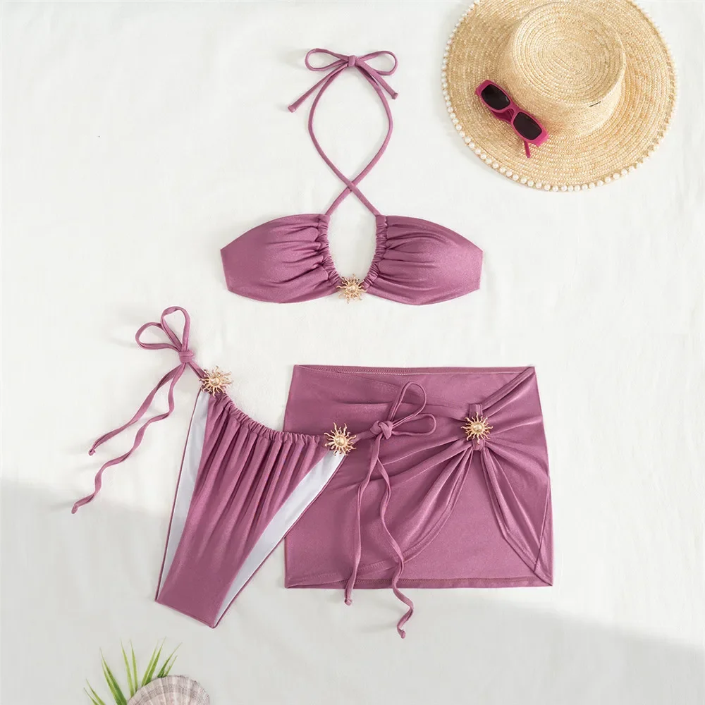 

Sexy Purple Red Halter String Bikinis Sets 3 Pieces Swimsuits Cover Up Women 2025 Holiday Swimwear Bathing Suit Metal Sun Bikini