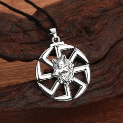 Cxwind stainless steel Kolovrat with wolf necklace, Slavic jewelry, sun wheel, svarog god sign pendant, Slavic pagan symbol of t