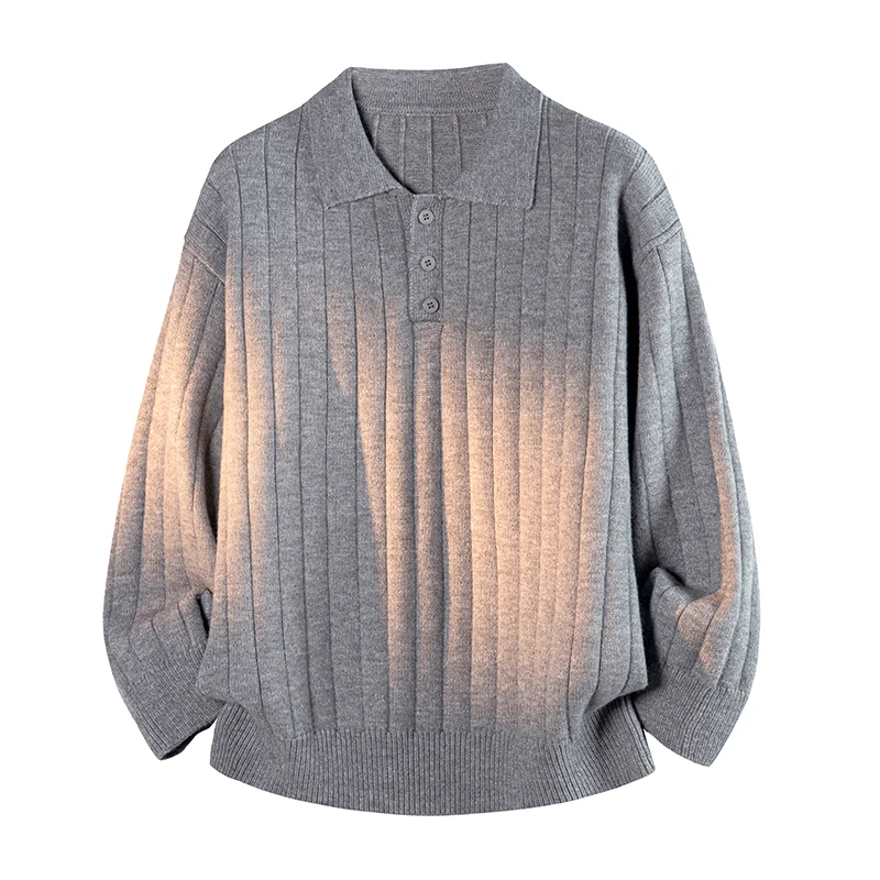 

Однотонный пуловер с пуговицами и лацканами в вертикальную полоску, мужской свободный повседневный вязаный свитер, свитер, верхняя одежда