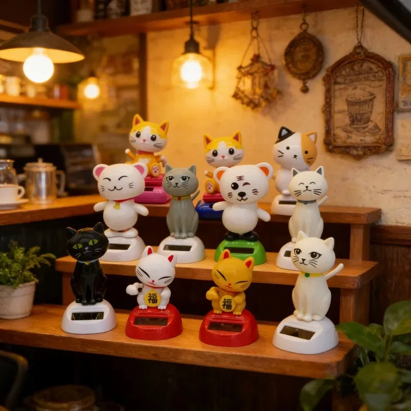 Solar Powered Cartoon Cat Shaking Head Doll Car Ornament - Cute Waving Cat Decor for Car Interior Home Desk Birthday Party Gift