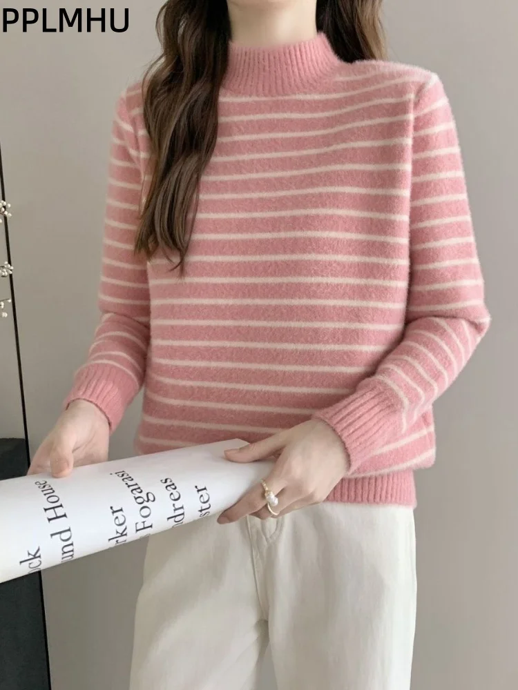 

Утолщенный полосатый свитер с круглым вырезом контрастных цветов, мешковатые модные пуловеры, джемперы, женские повседневные теплые мягкие вязаные куртки Sueter