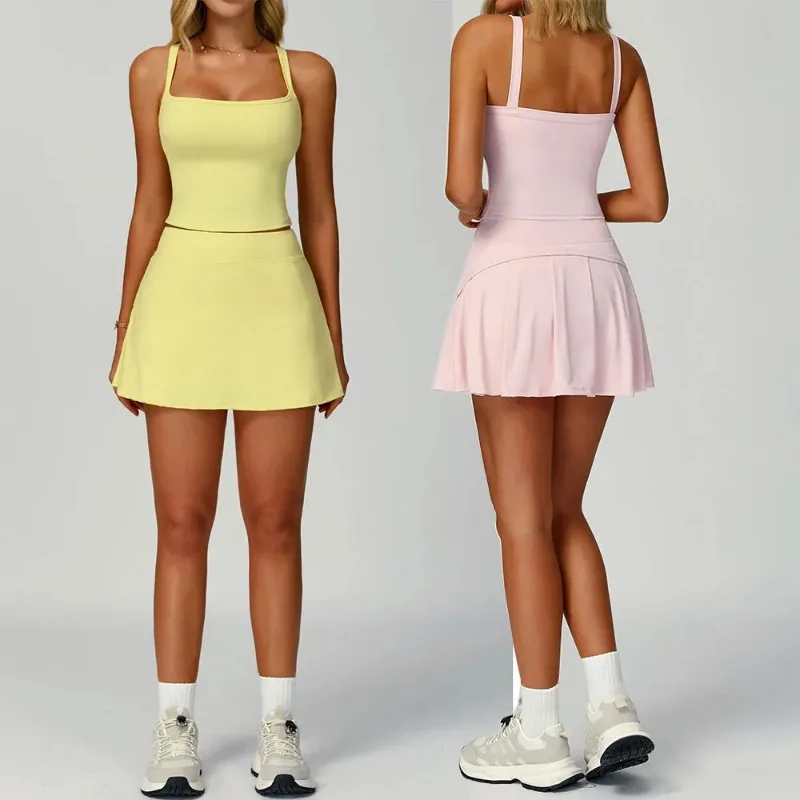 

Женский спортивный костюм для йоги, комплект из 2 предметов, сексуальный спортивный бюстгальтер, спортивная юбка с высокой талией, спортивный костюм без рукавов для тренировок в тренажерном зале, спортивная одежда