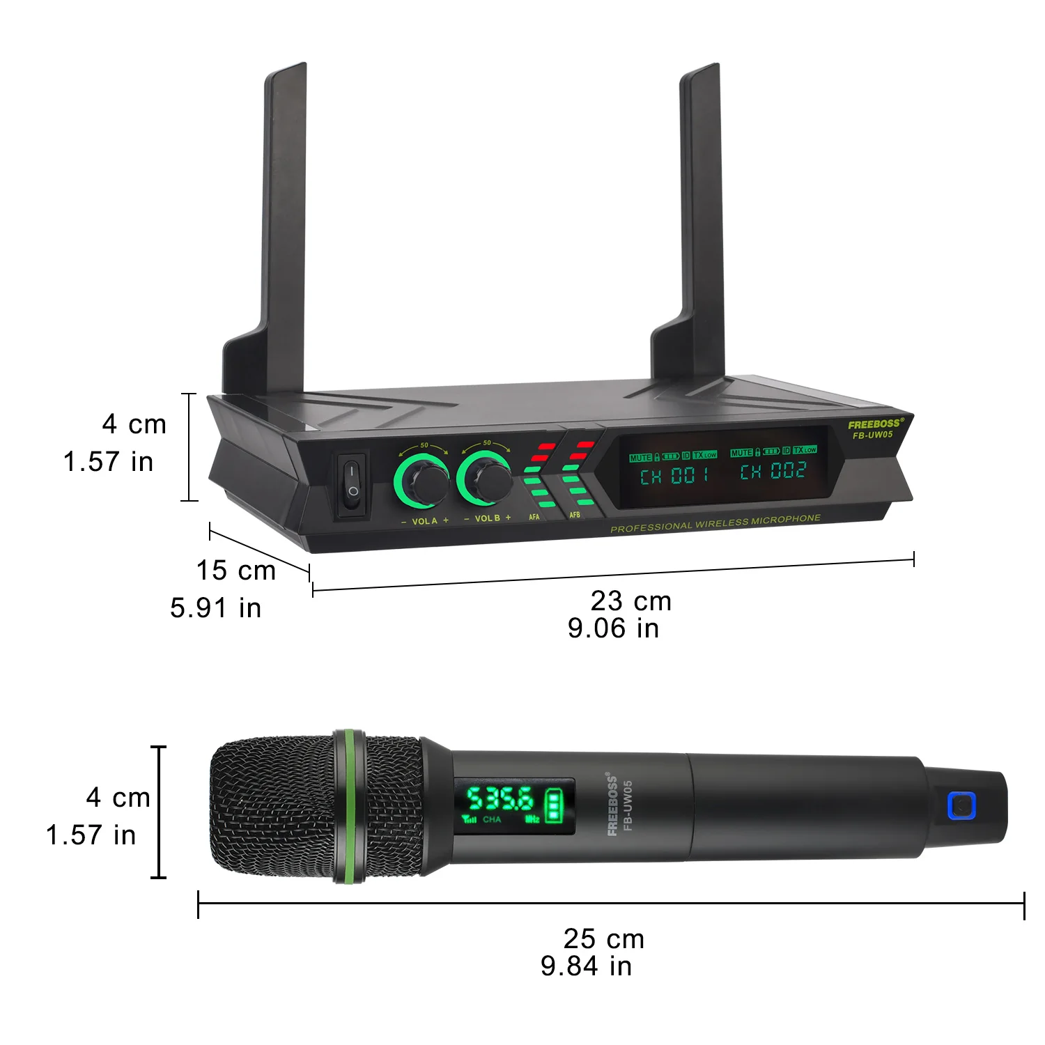 Imagem -03 - Boss Uhf Ajustável sem Fio Handheld Microfone Cardióide Transmissor 48 Freqüência Dupla Canais 28m Dinâmico Mic Fb-uw05