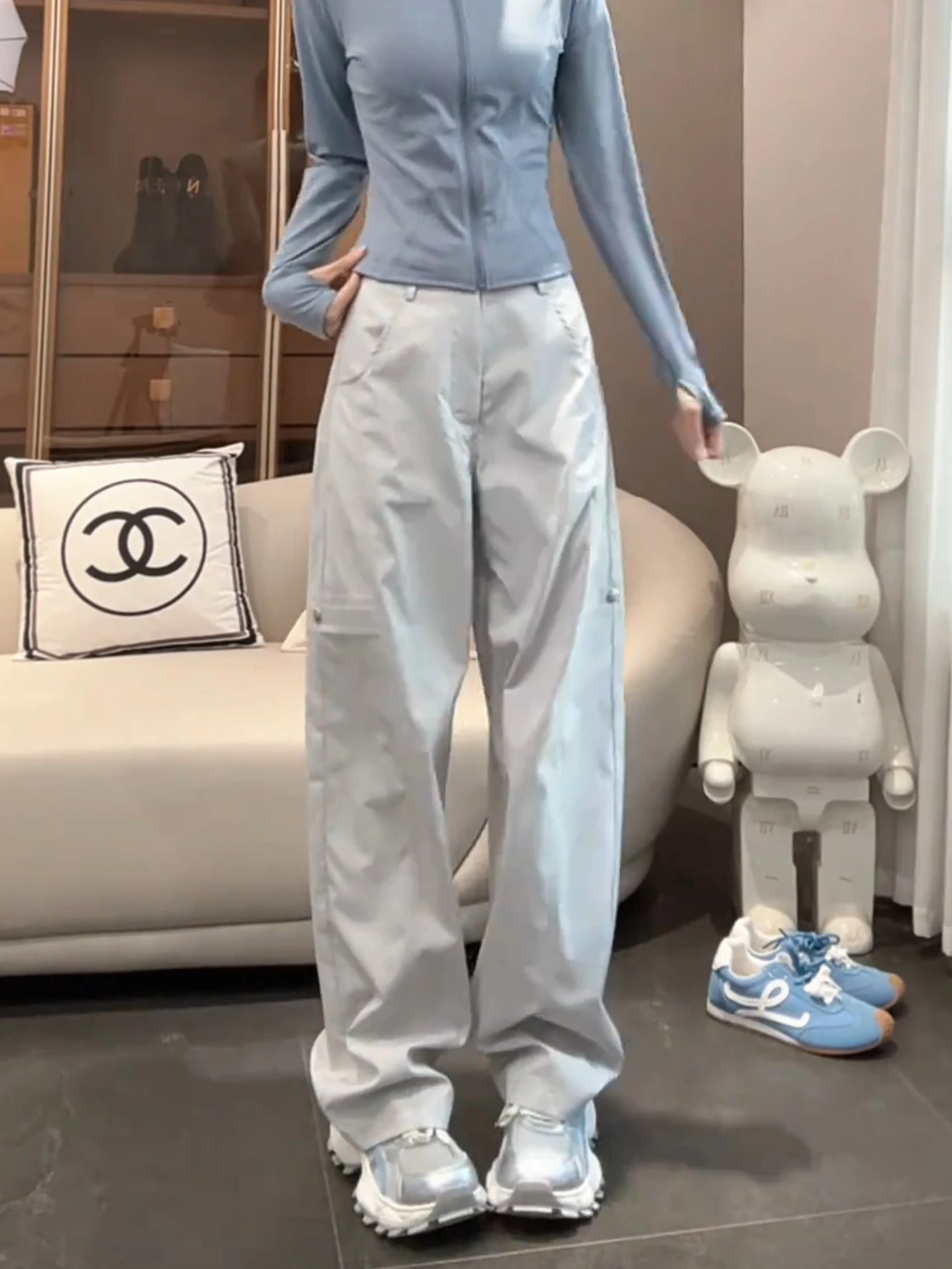 

Рабочие брюки из ледяного шелка, женские легкие прямые брюки, спортивные брюки Qui Dry, широкие повседневные длинные брюки